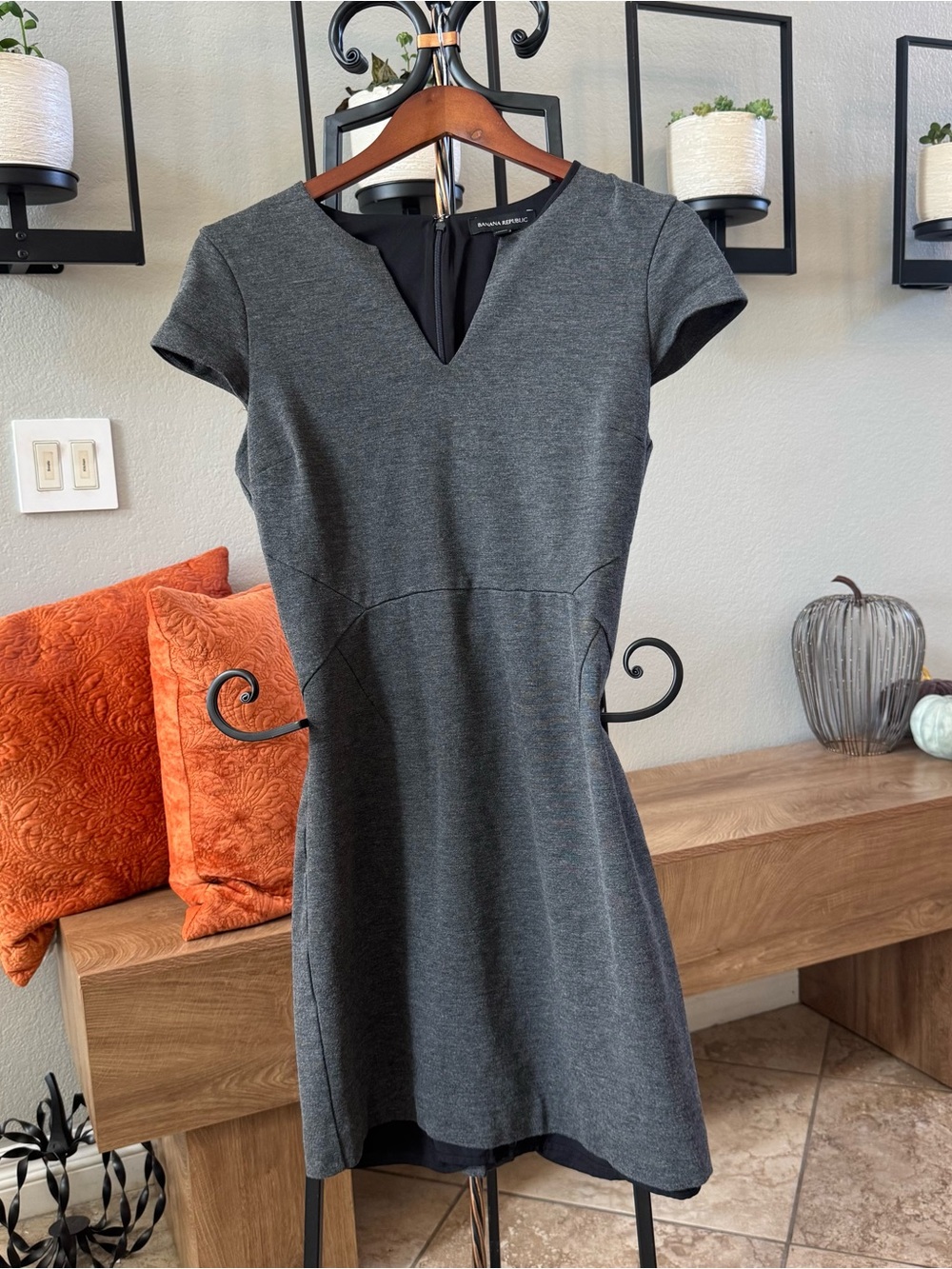 Vintage/Thick Banana Republic Charcoal Gray V-Neck Fit & Flare Dress